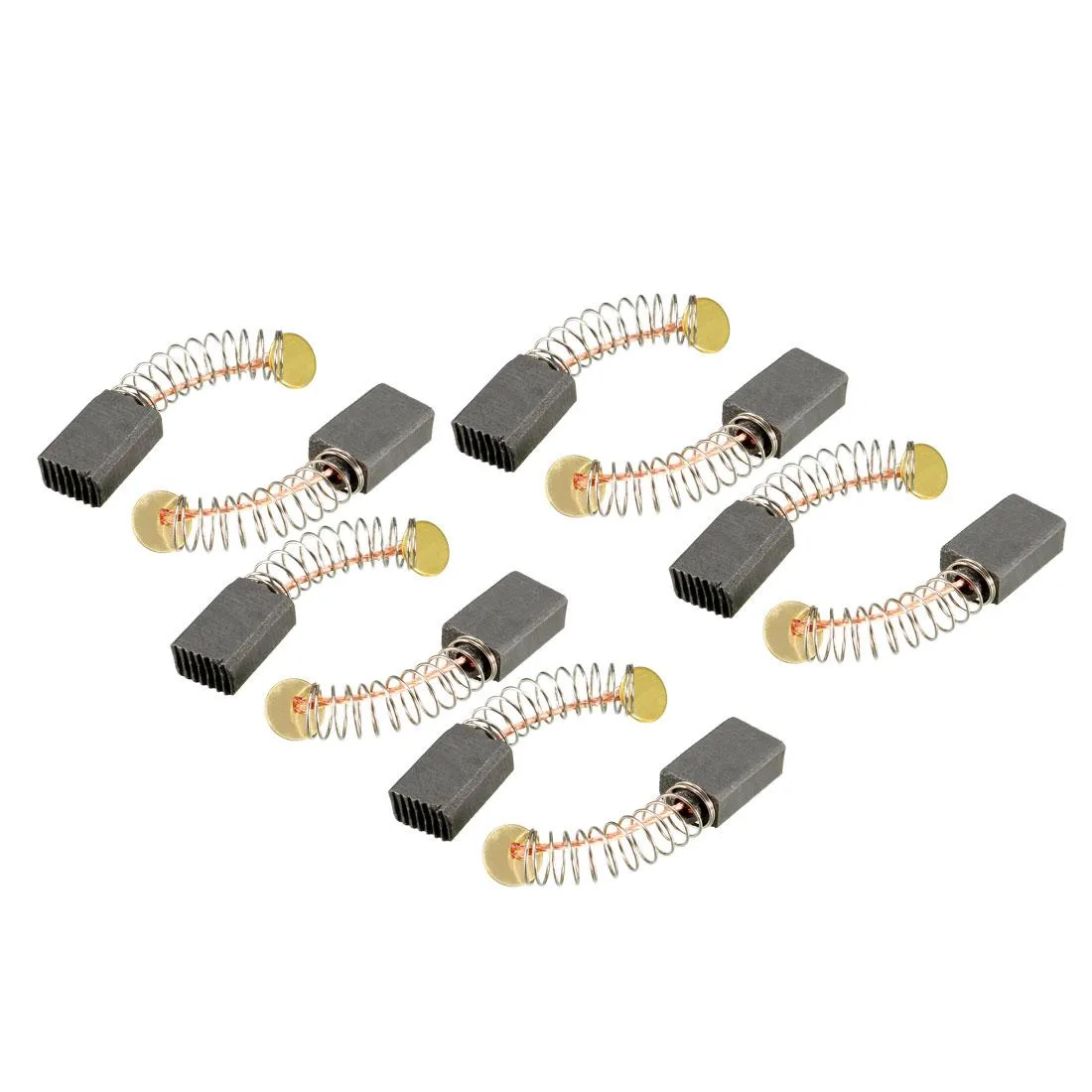 Ten black rectangular carbon brushes with gold springs on light background