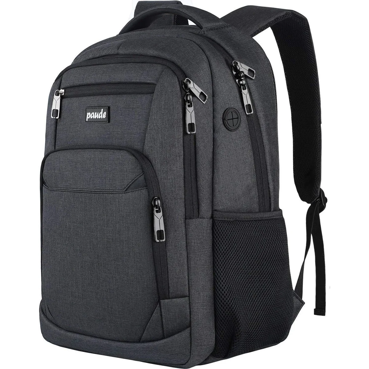 Black polyester laptop backpack with USB port, reflective strip and 35L capacity
