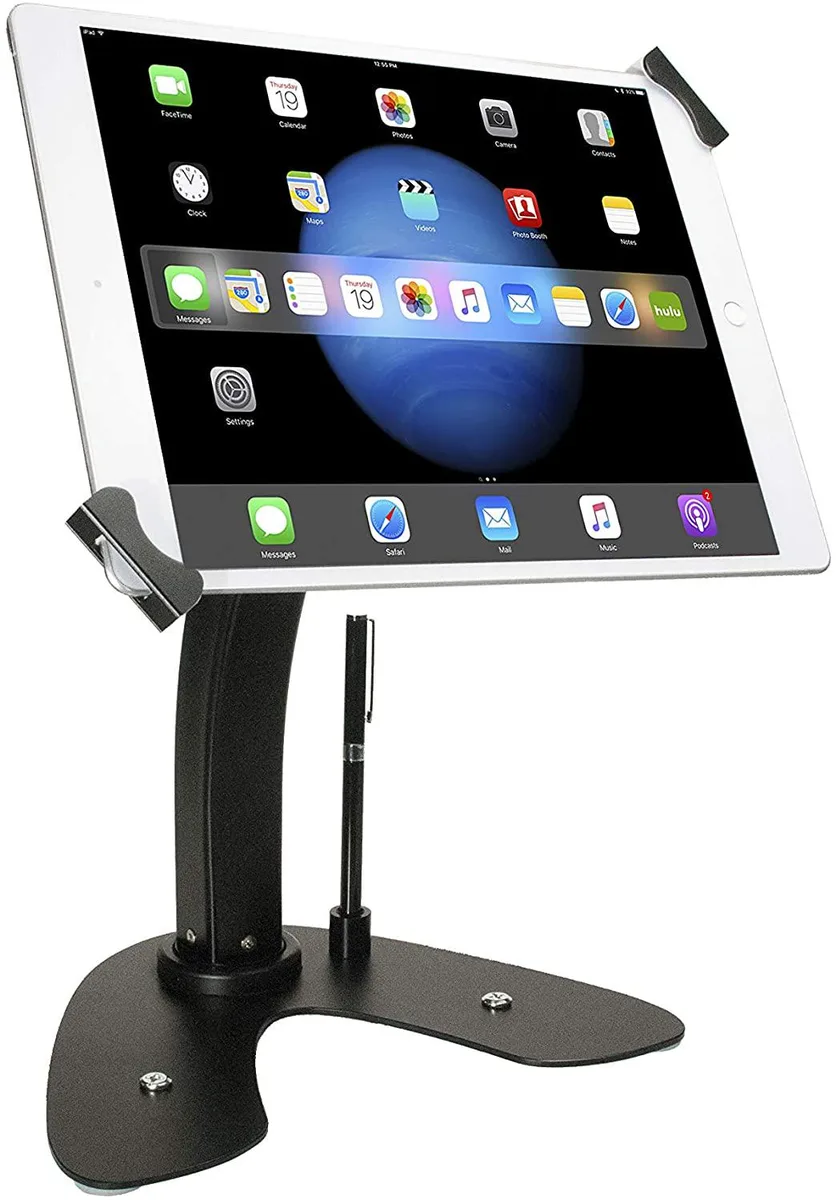 Black tabletop security kiosk with locking holder and anti-theft cable, fourteen inches high, four point three pounds