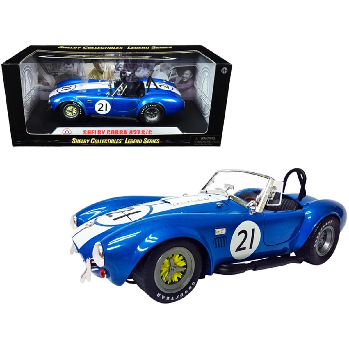 Shelby Collectibles Shelby Collectibles Cobra 427 S/C #21 Blue Metallic White Stripes 1/18 Diecast Vehicle — product photo