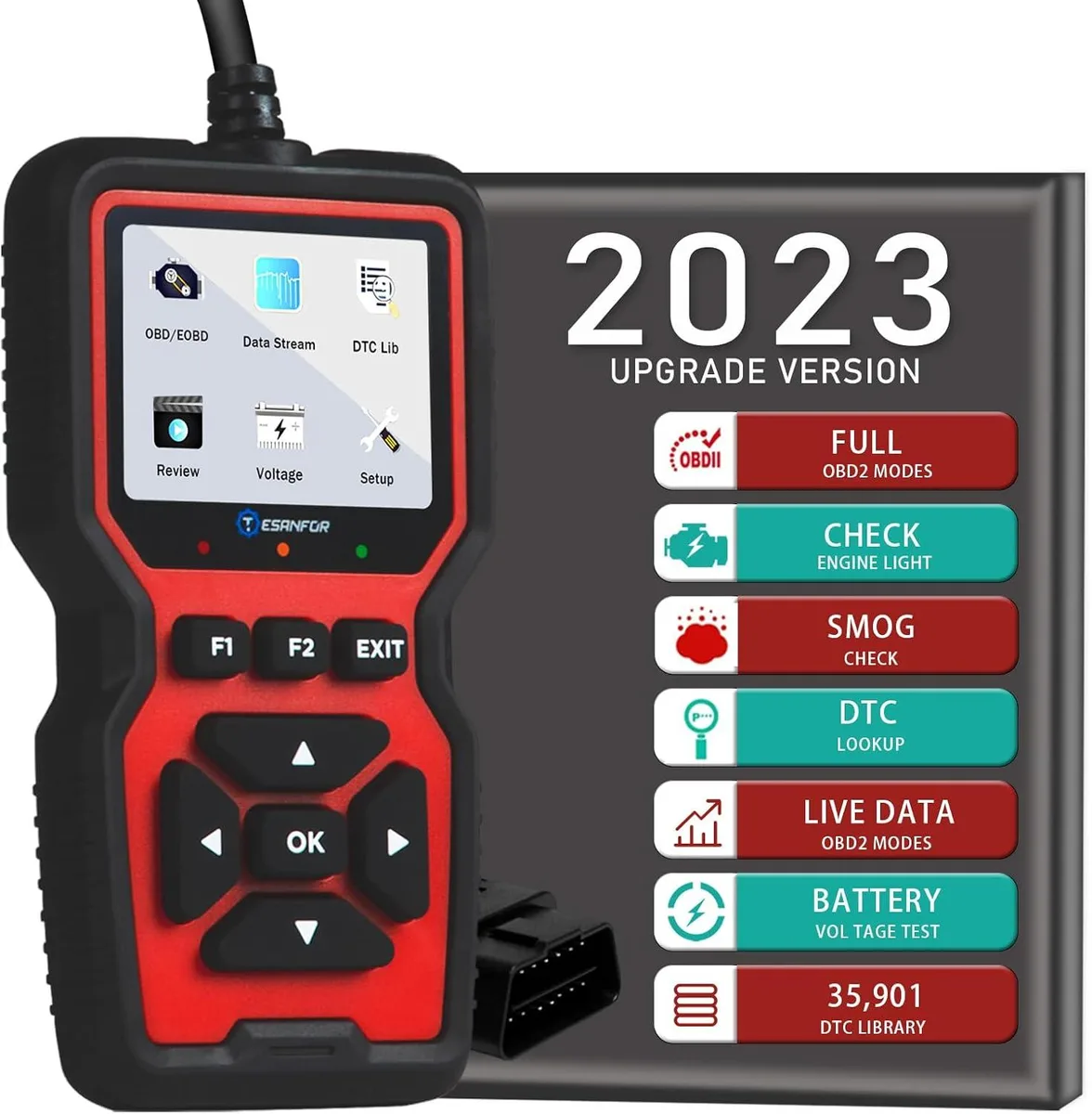 Handheld OBD2 diagnostic scanner with screen and cable connector