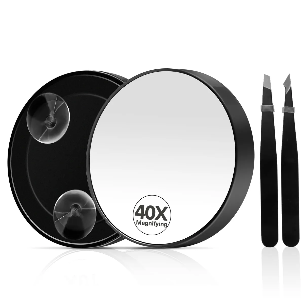 Black round 40X magnifying mirror with suction cup, 3.5 inches