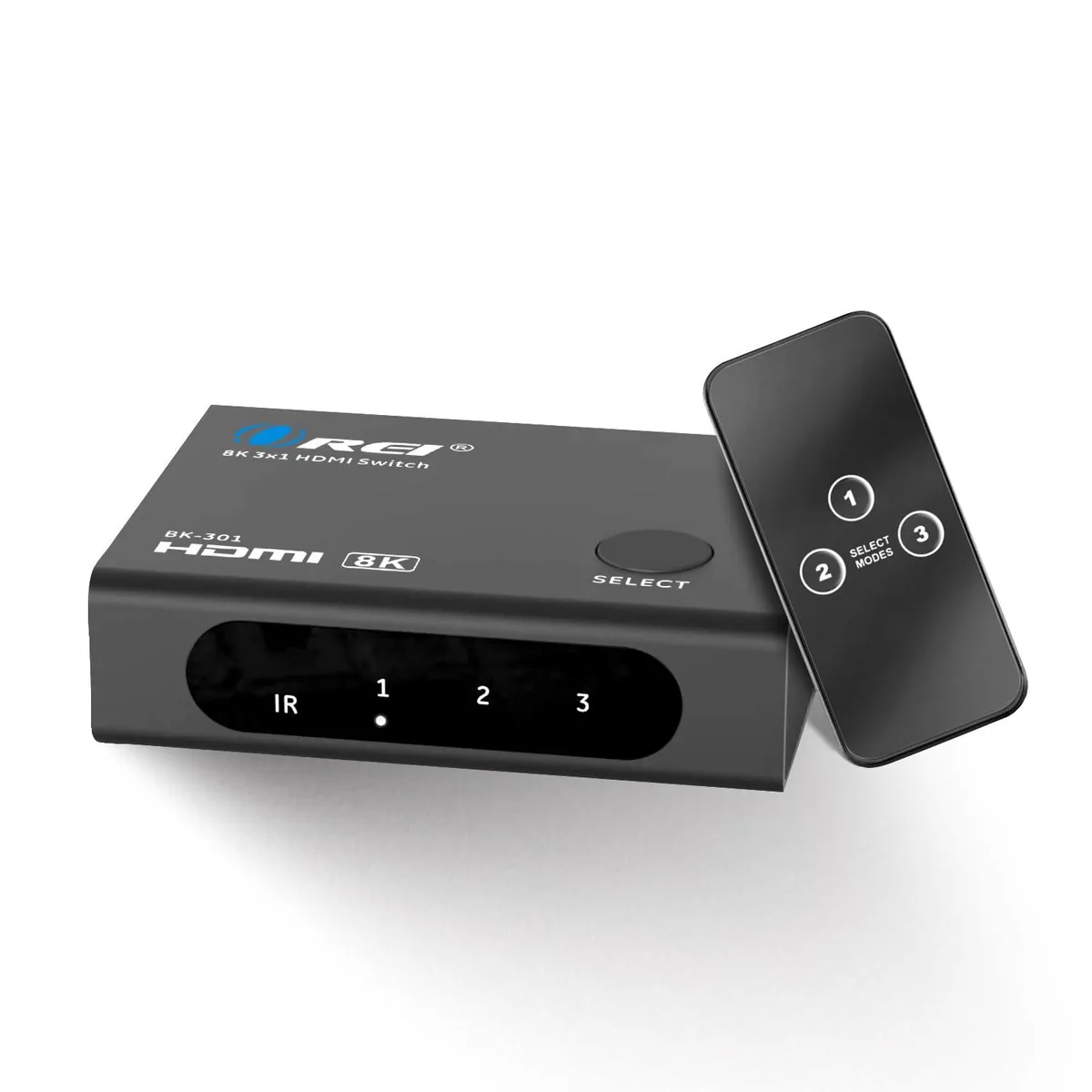 Small black rectangular HDMI switch with three input ports and one output port