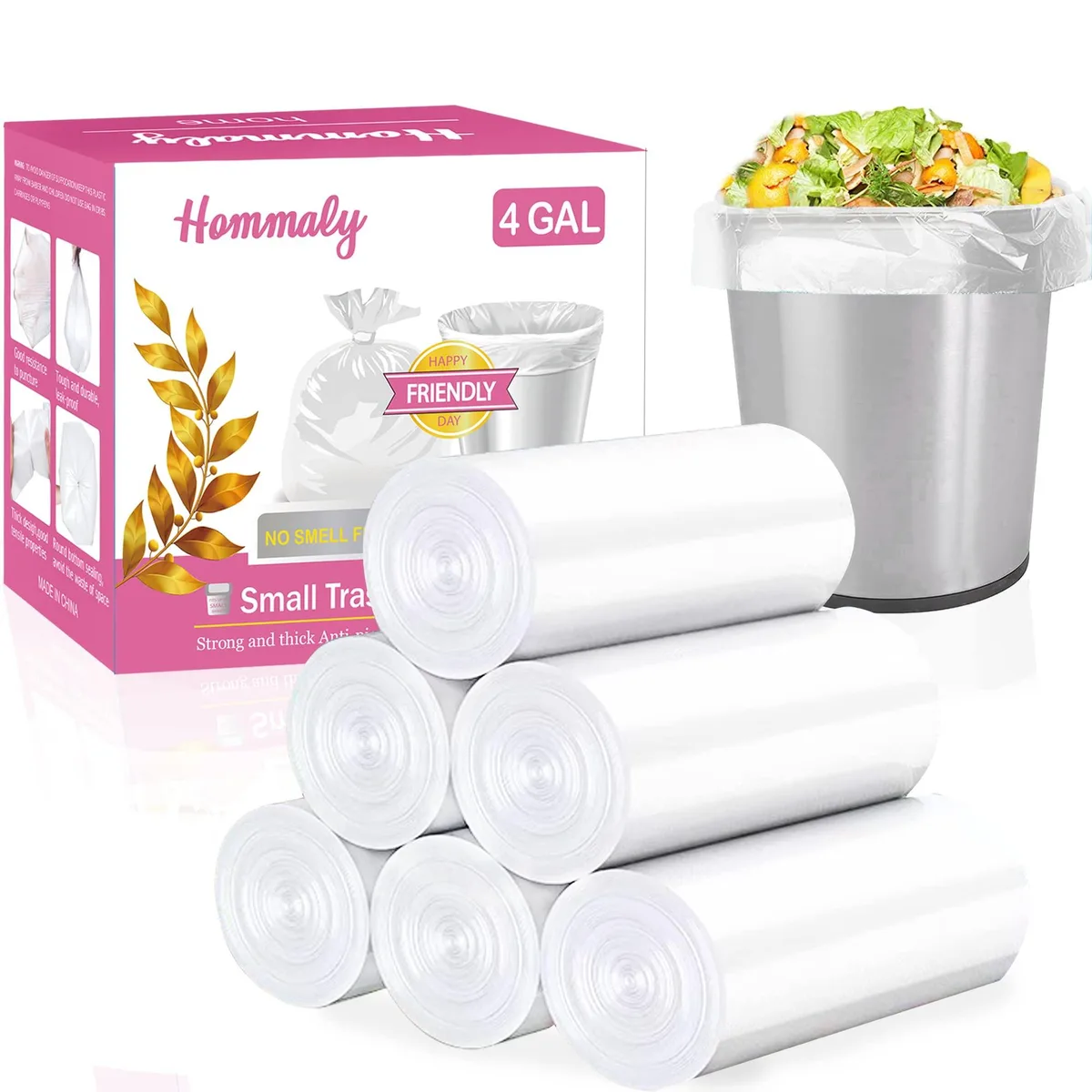  Hommaly 4GC-180 4 Gallon 180pcs Clear Garbage Bags — product photo