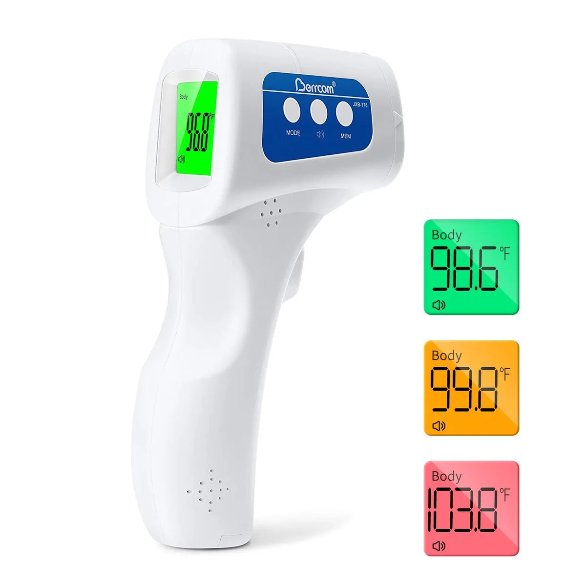 White infrared thermometer with digital display and silicone grip