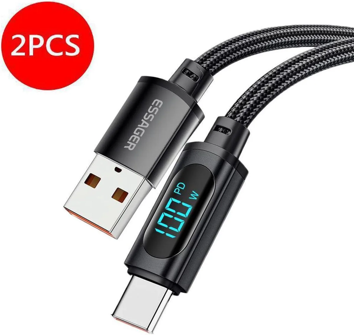 SMUGDESK SMUGDESK USB-A to USB-C cable 2-pack 6.6ft 100W LED display — product photo
