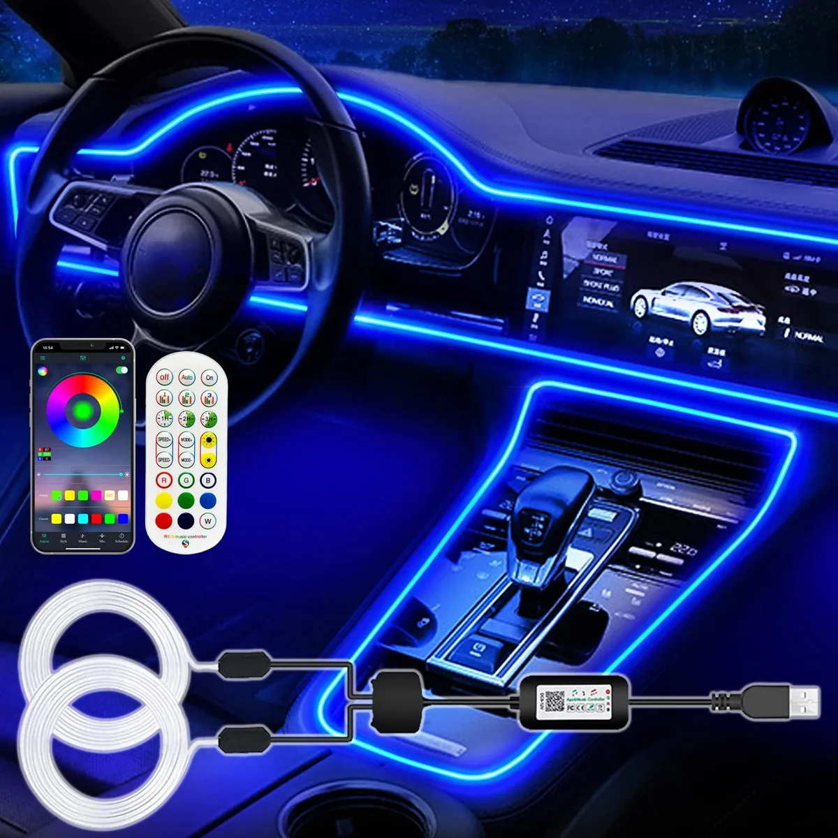 JUSHOPE Interior Car LED Strip Lights 157 in 2 LED RGB USB App Remote Music Sync Automotive Specialty Lighting — product photo