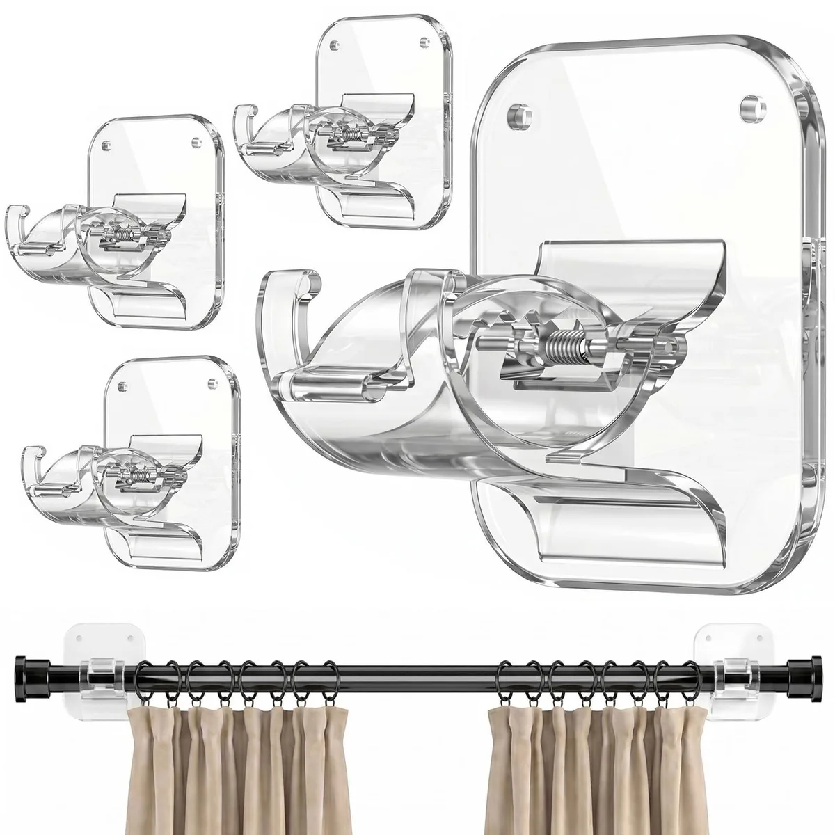 Four white plastic brackets with stainless steel hooks, adhesive backing visible