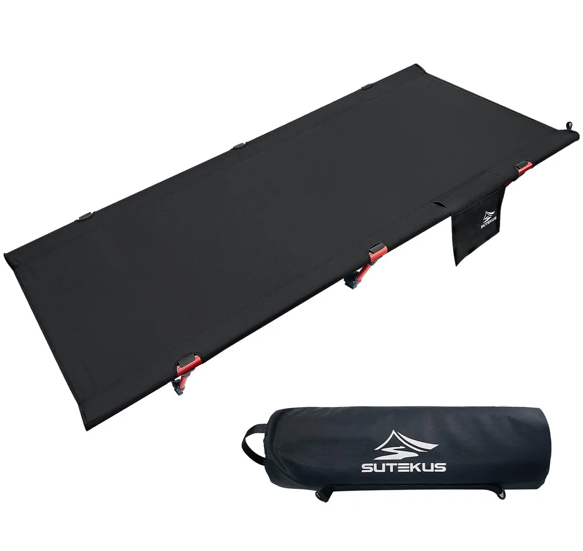 Black folding camping cot with fabric sleeping surface and metal frame, shown assembled off the ground