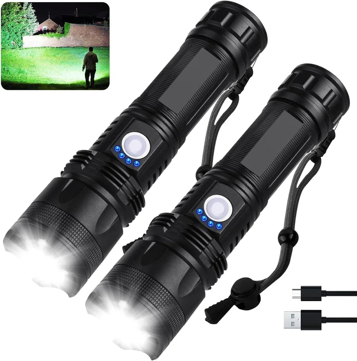 Two black cylindrical flashlights with textured grips and adjustable heads
