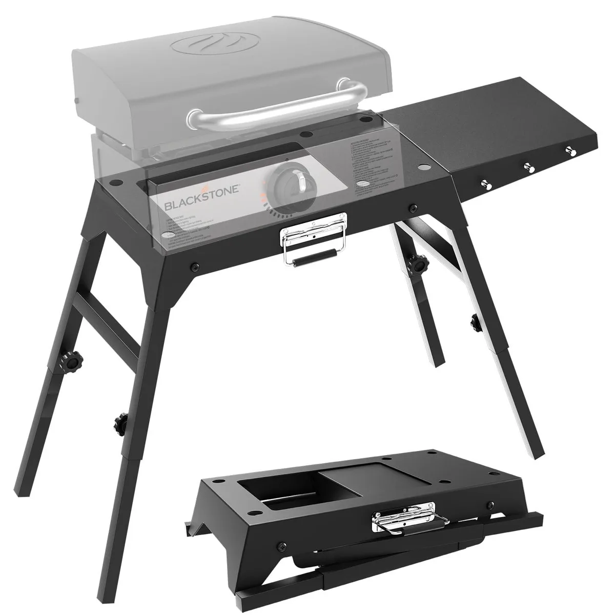 Black powder-coated steel foldable stand with detachable side shelf and carry handle