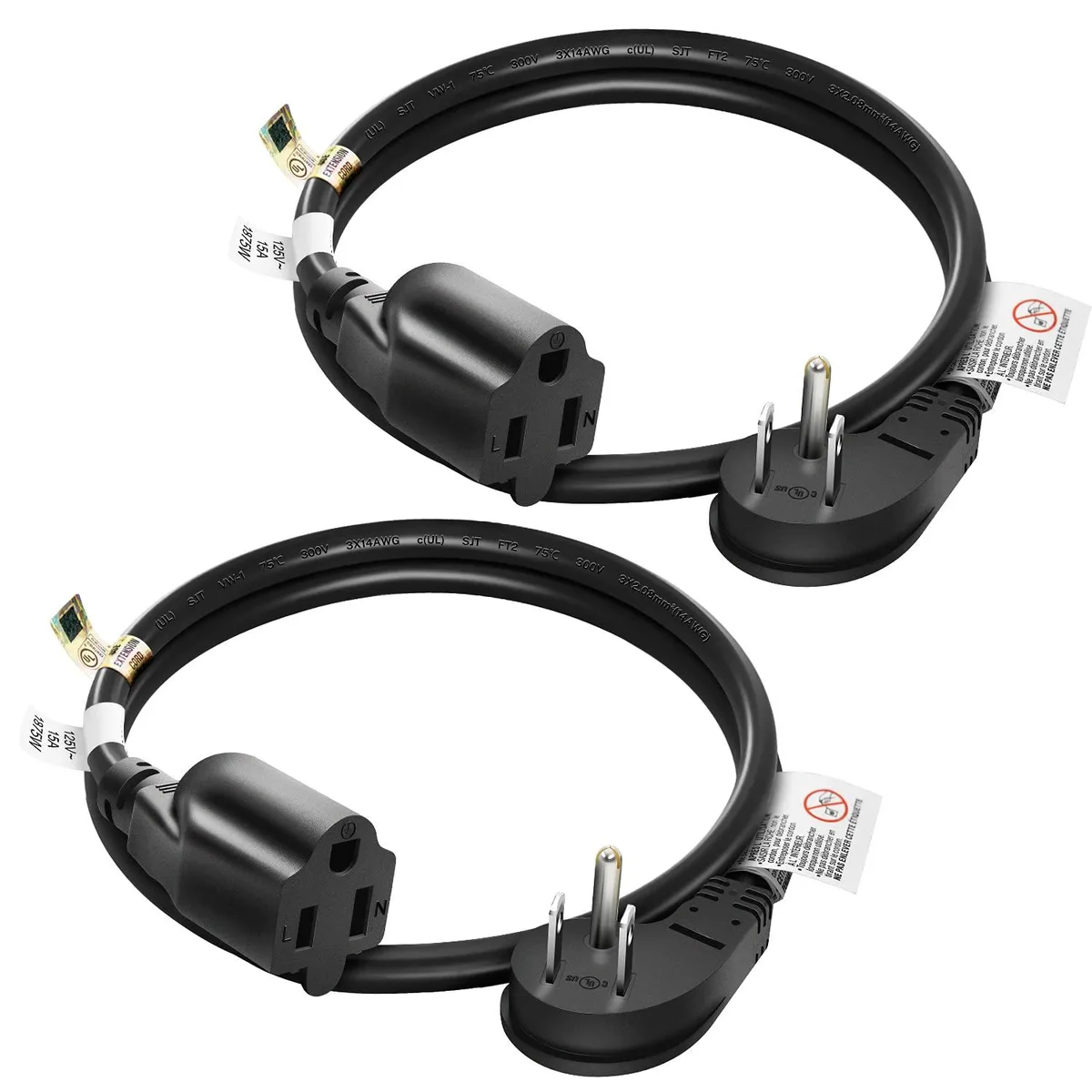  FIRMERST XR-303G 14 AWG 15A 125V 1875W 2ft flat plug power extension cord 2-pack black — product photo
