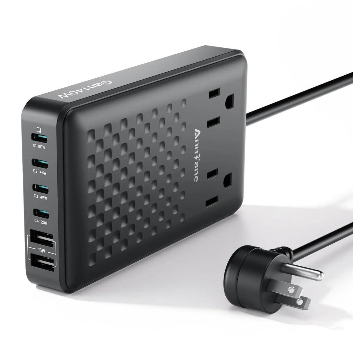 White rectangular charging hub with four USB-C ports, two USB-A ports, two AC outlets and a five-foot power cord