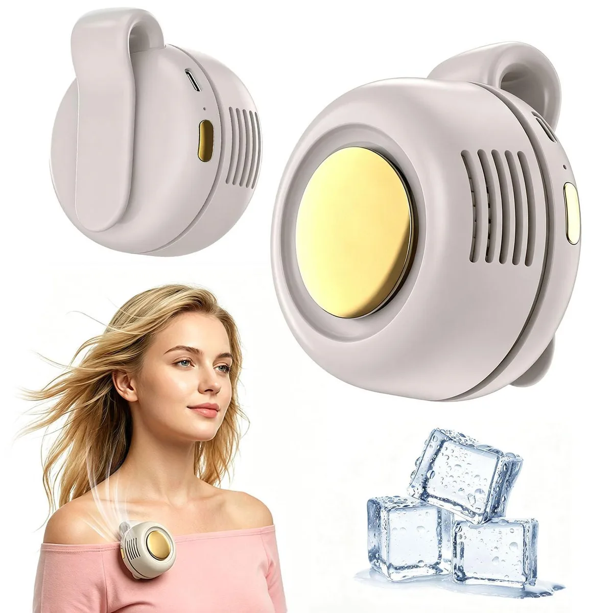  Hoiuter 202611 Portable Bladeless Clip Fan Beige Gold 900 mAh 360° 35 dB 60 Blades 2.3 in — product photo