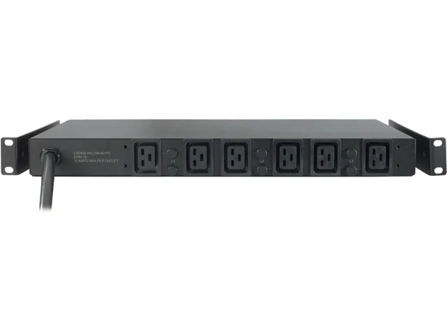 Silver metal 1U rack PDU with six C19 outlets and thick input cord