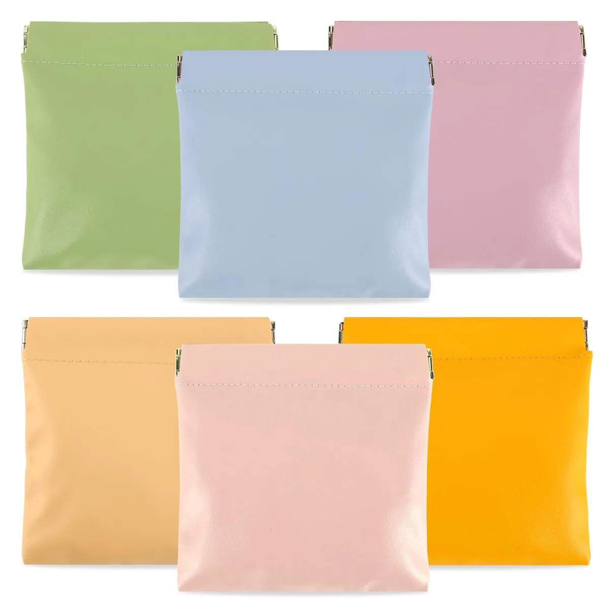 Six small pastel pouches in pink, green, purple, yellow, blue and apricot