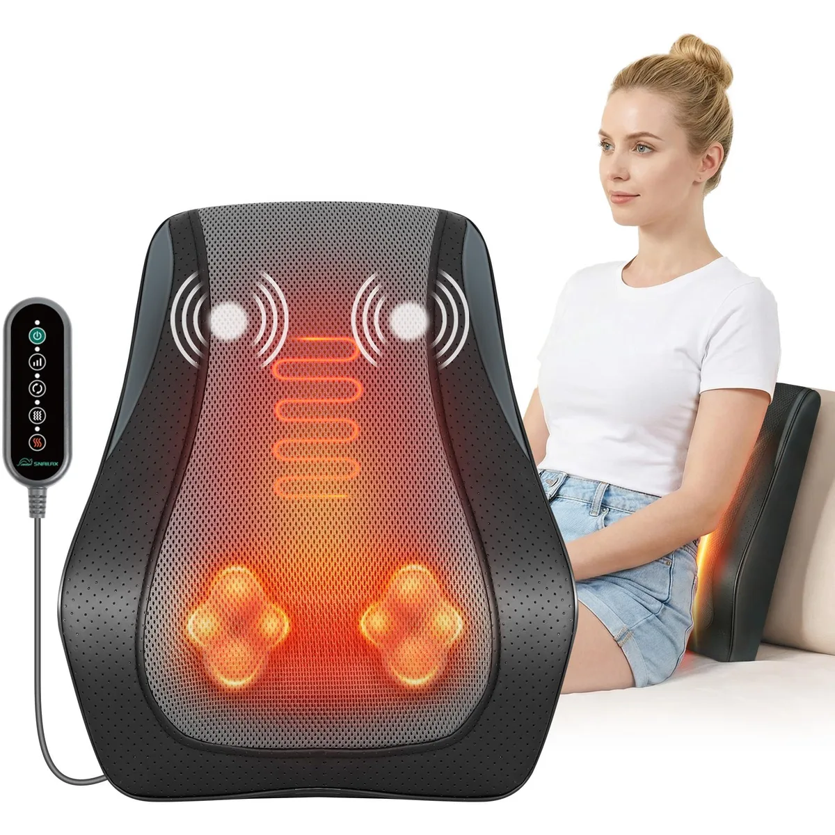 Black rectangular massage mat with quilted fabric surface and attached controller cord