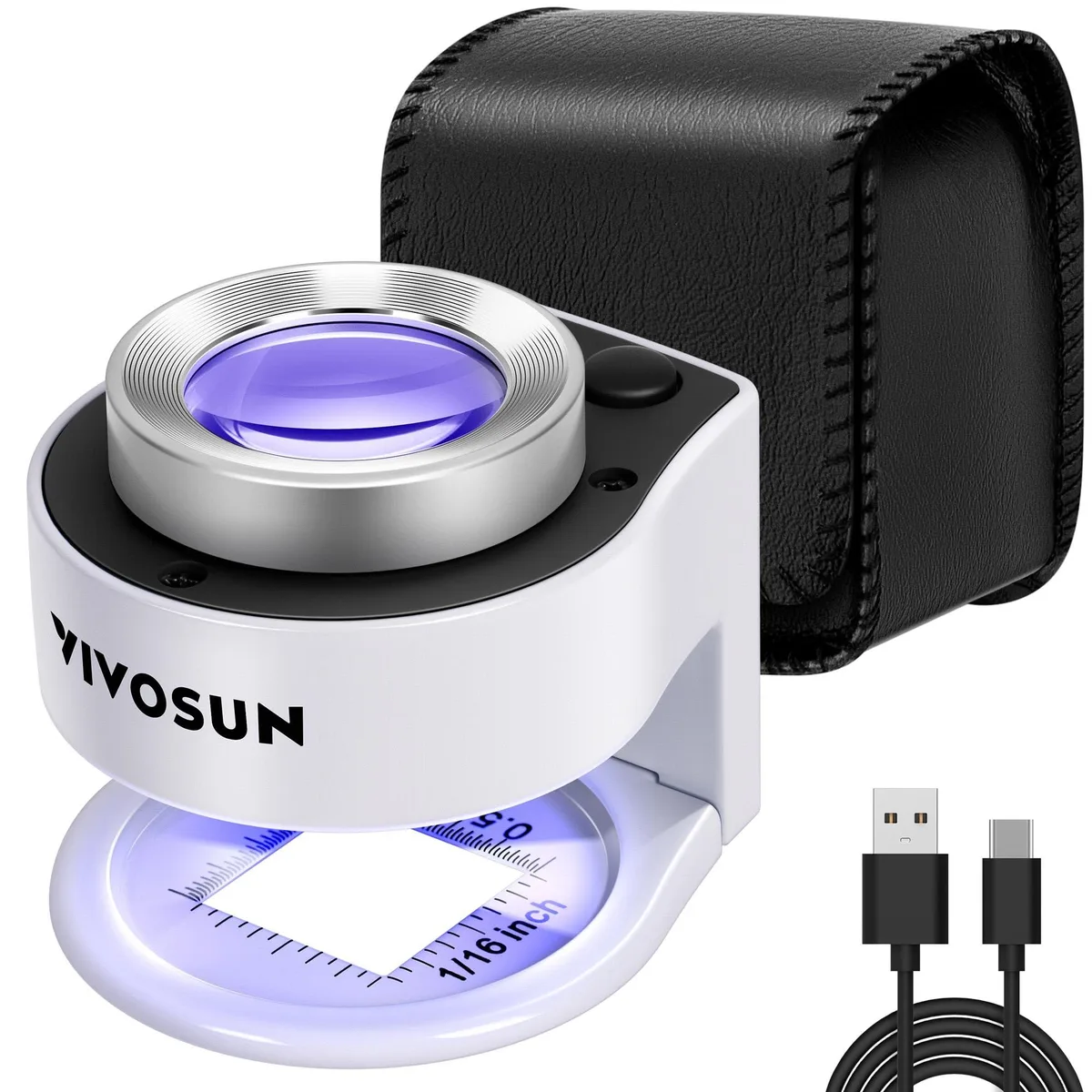 Two white rechargeable loupes with LED and UV lights in leather cases
