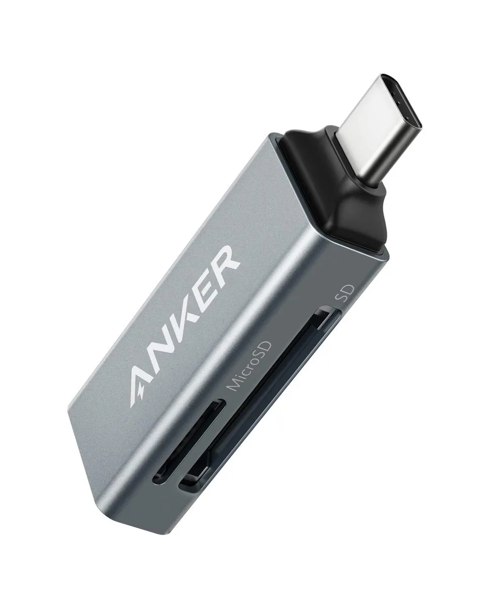 Tiny USB-C card reader with side-by-side SD and microSD slots, matte aluminium finish