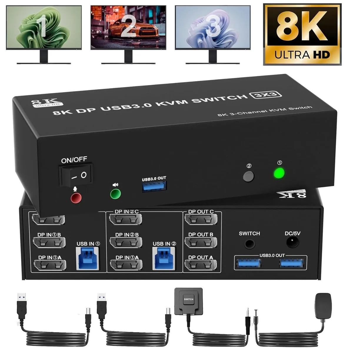 WRIARICH WRIARICH 8K@60Hz 4K@144Hz DP1.4 Triple Monitor KVM Switch 2 PC 3 USB3.0 Wired Remote — product photo