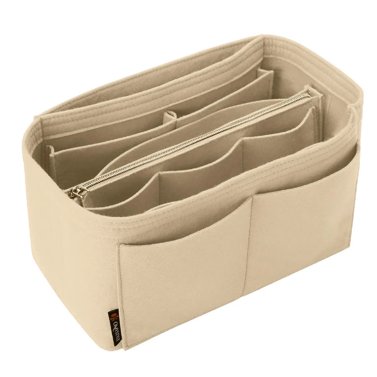 Beige felt purse organiser insert, rectangular, 13 compartments, zip pocket