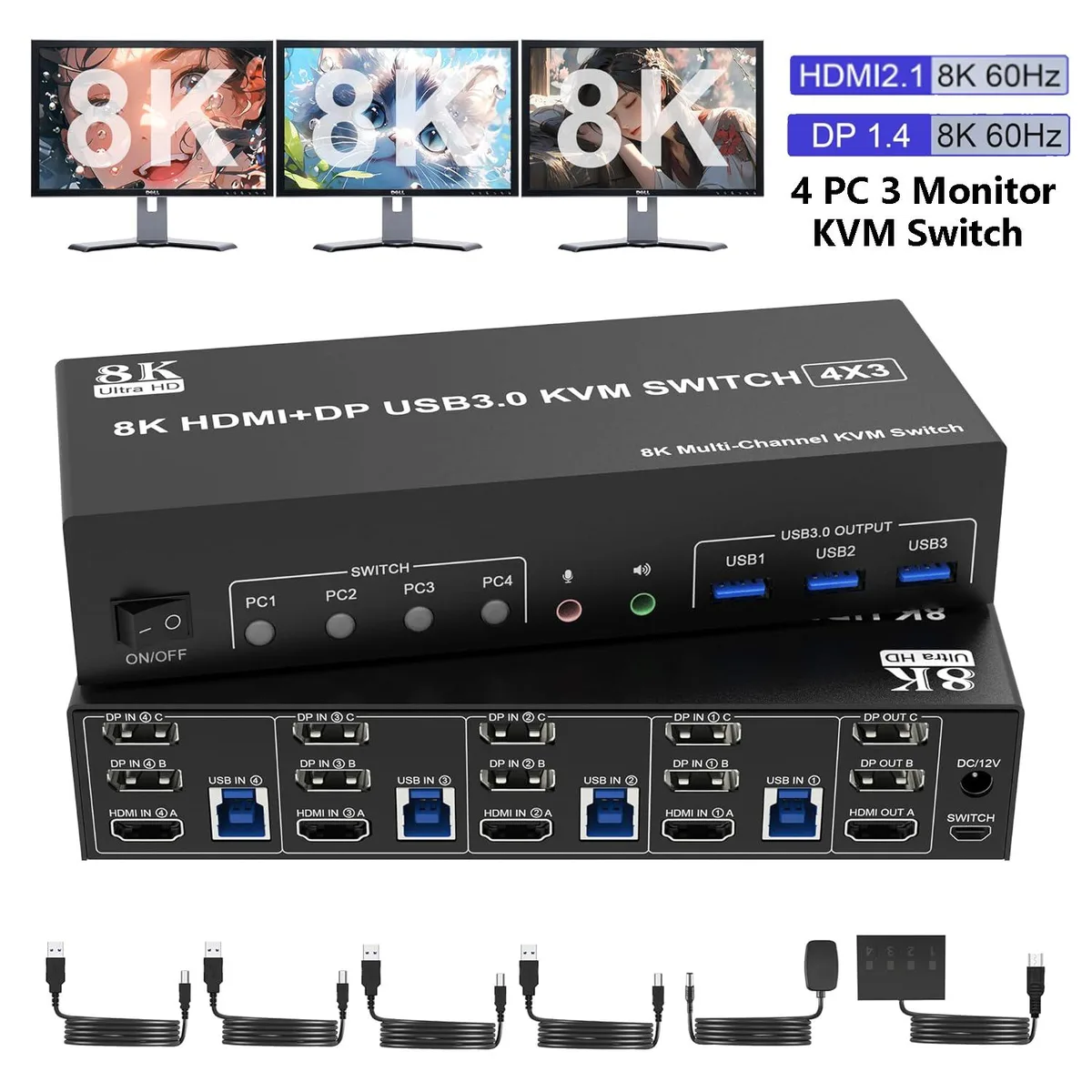 Hitoor Hitoor 4-Port 3-Monitor KVM Switch 2DP+HDMI 8K60 4K144 USB3.0 Audio — product photo