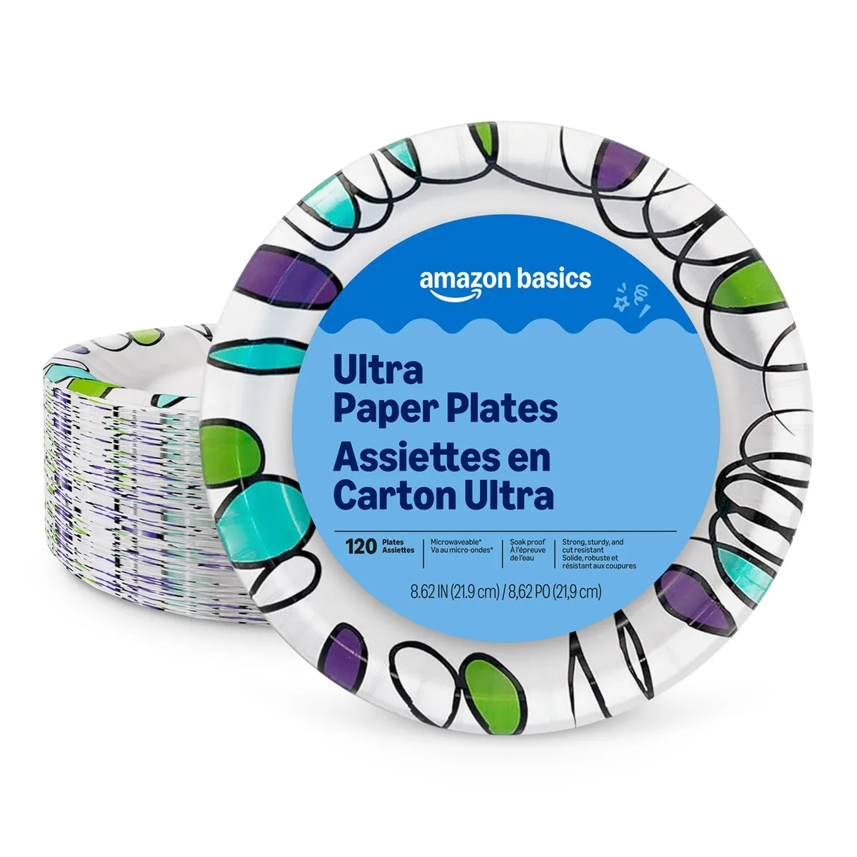 Pack of 120 round multicolour paper plates 8.62 inch