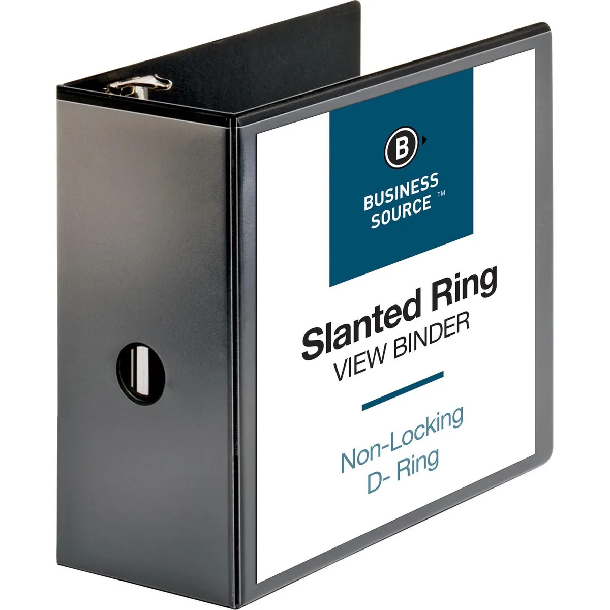 Black polypropylene D-ring view binder with clear overlay on front spine and back cover two triggers inside pockets 5 inch capacity