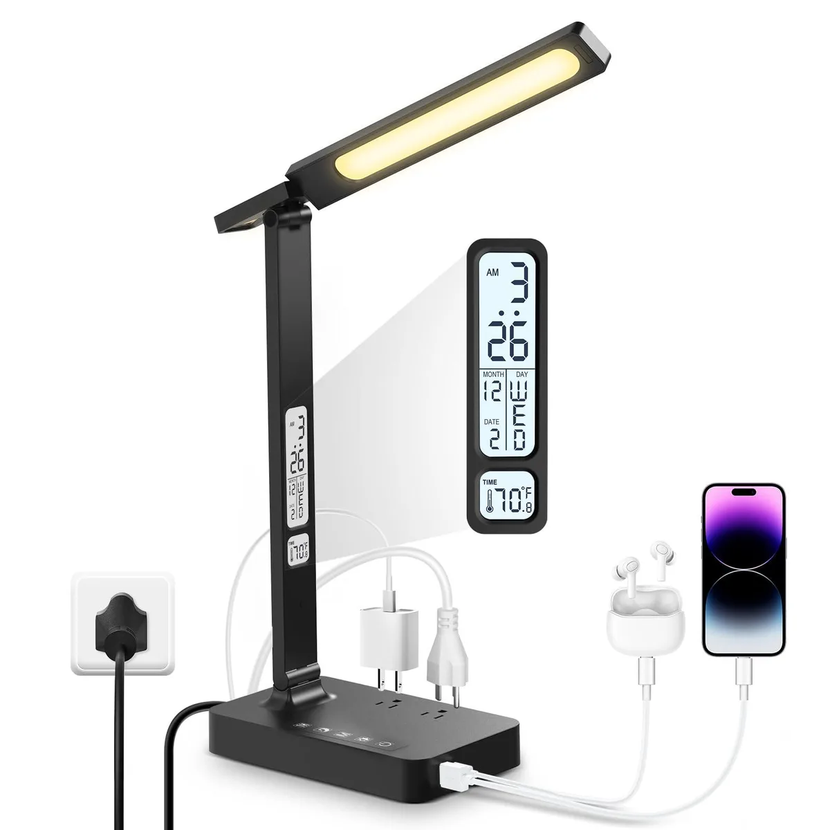 Glossy oblong desk lamp with LCD clock, 16.54 in