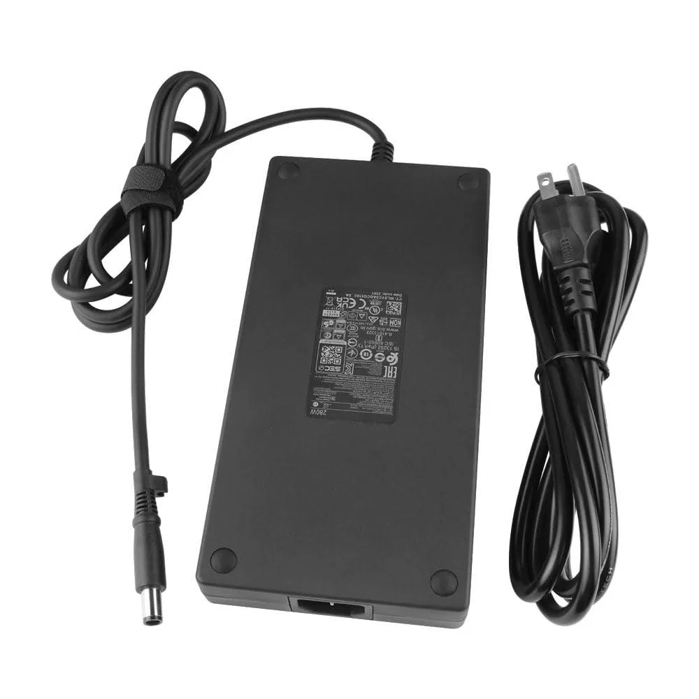 Rectangular black power adapter with 7.4×5.0mm barrel connector and US power cord