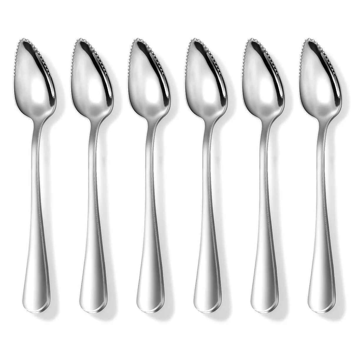 Six stainless steel grapefruit spoons with serrated tips and thick handles lying flat