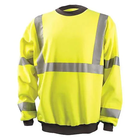 Yellow polyester pullover sweatshirt with crew neck, elastic cuffs, two outside pockets, no hood