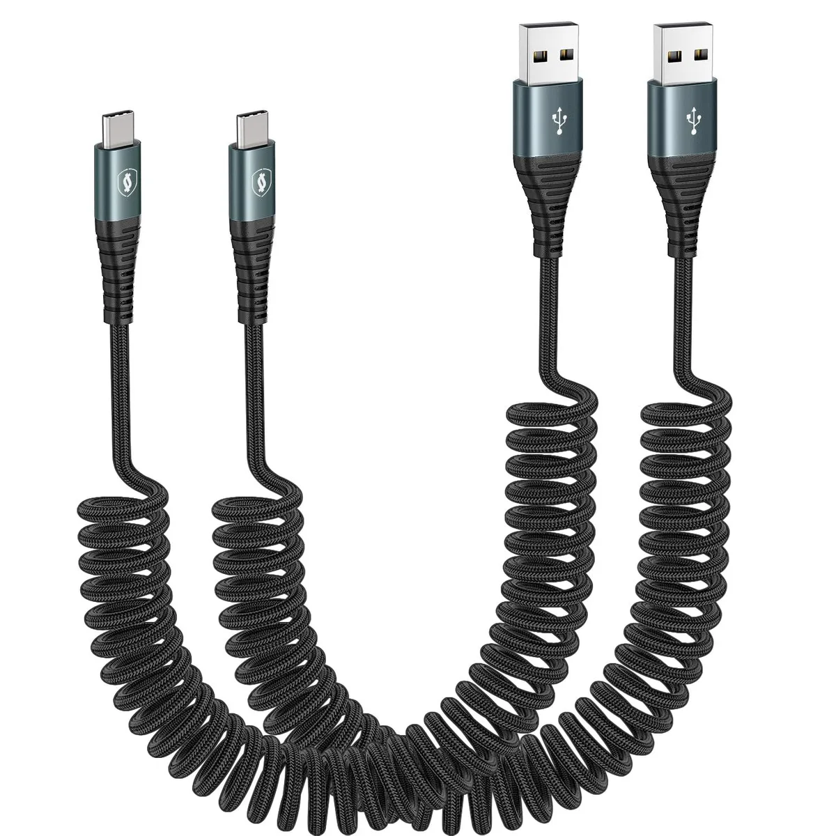 Two black coiled USB A to USB C braided cables, 3ft each