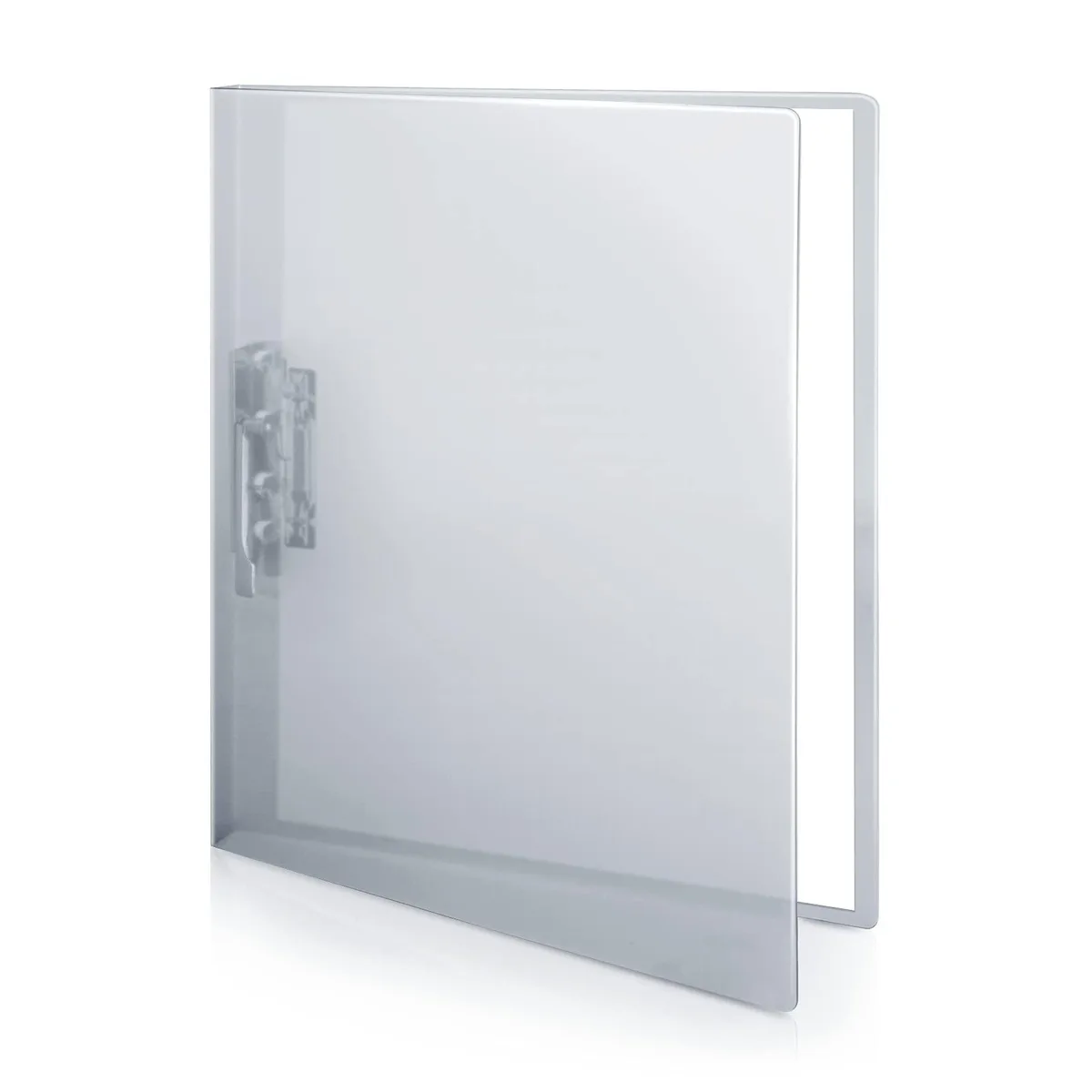 Dusky gray punchless clamp binder with semi-clear covers, holds 100 letter-size sheets