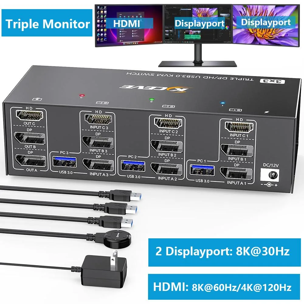 Hitoor Hitoor 3-Port HDMI + 2 DisplayPort KVM Switch 8K@30Hz/4K@144Hz — product photo