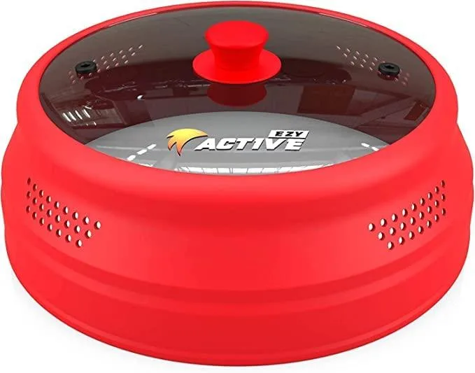 Red collapsible microwave cover with clear glass centre and perforated silicone rim