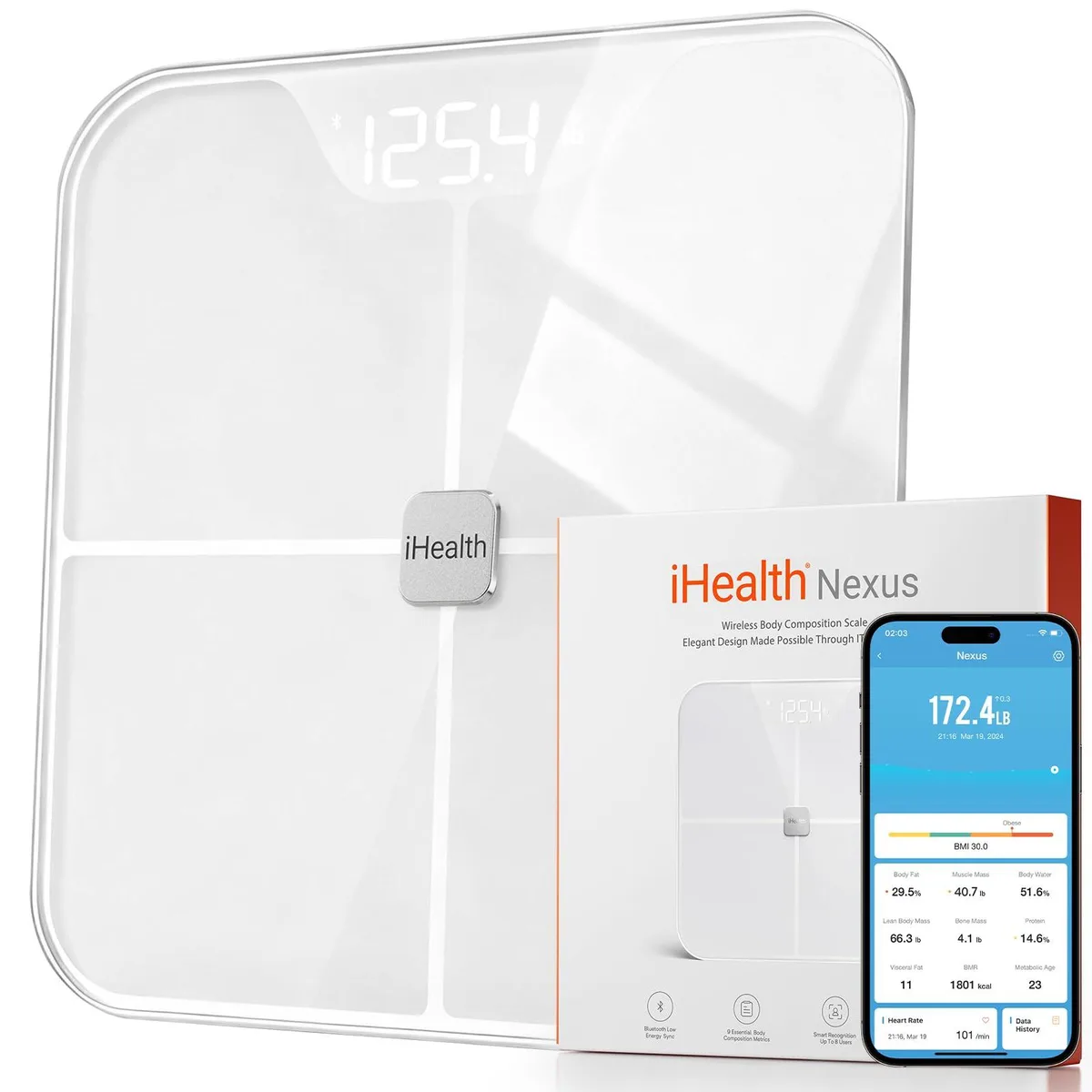 White mini bathroom scale with tempered glass surface and rounded corners