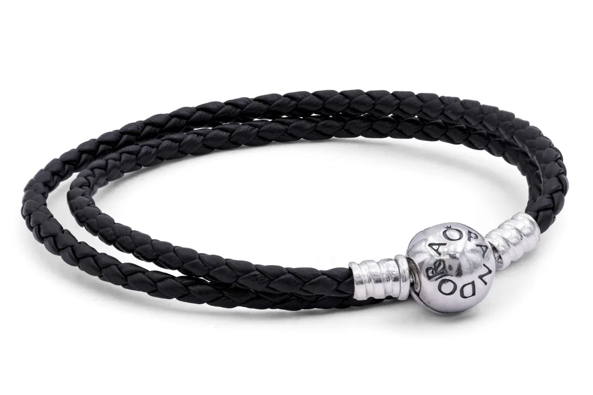 Black double leather bracelet with sterling silver ball clasp