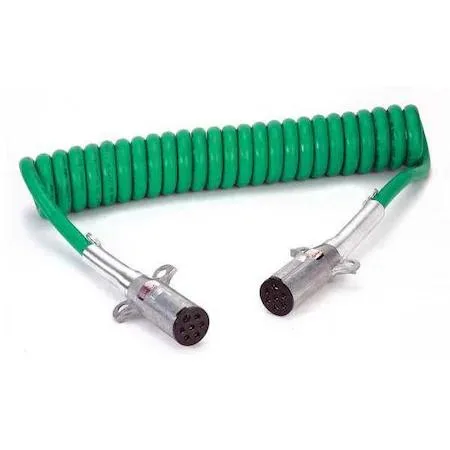 Green coiled ABS cord with brass 7-way plugs and spring guards, 15 ft extended length