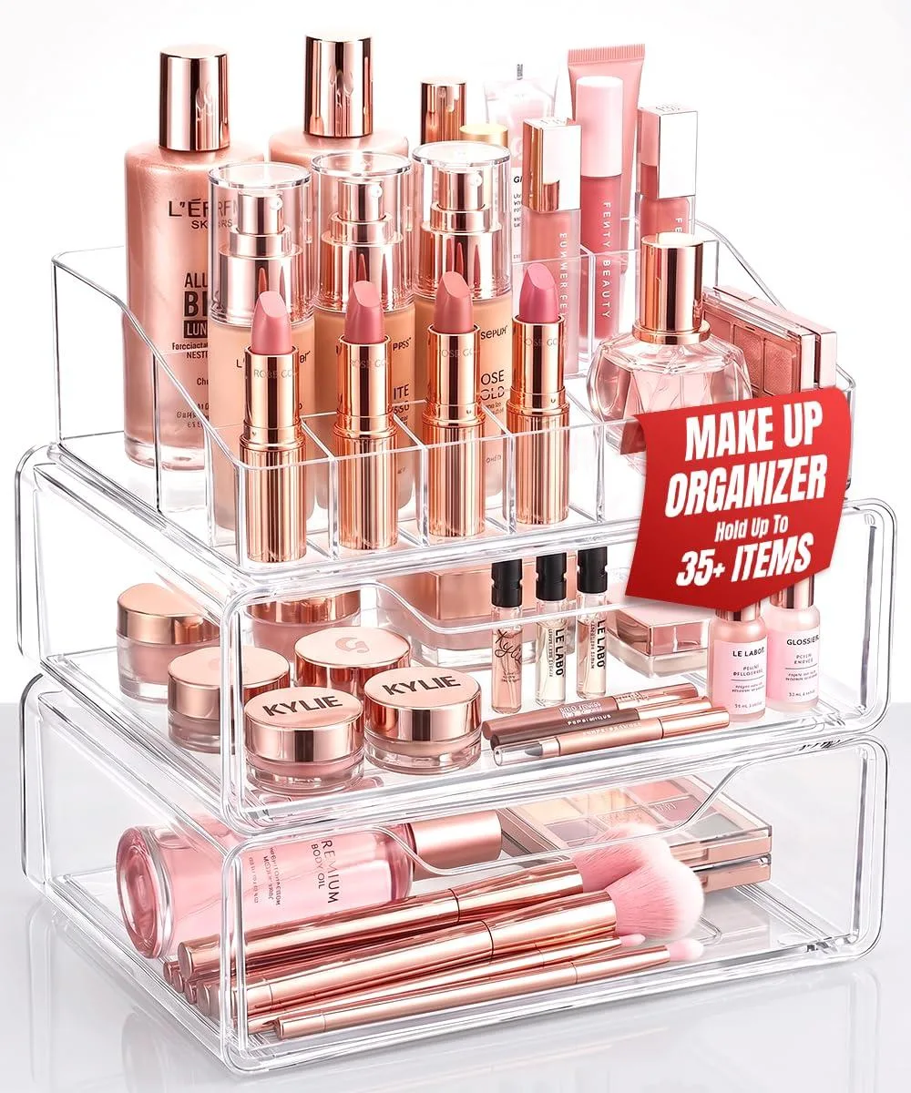 Clear acrylic makeup organizer with drawers, black finish