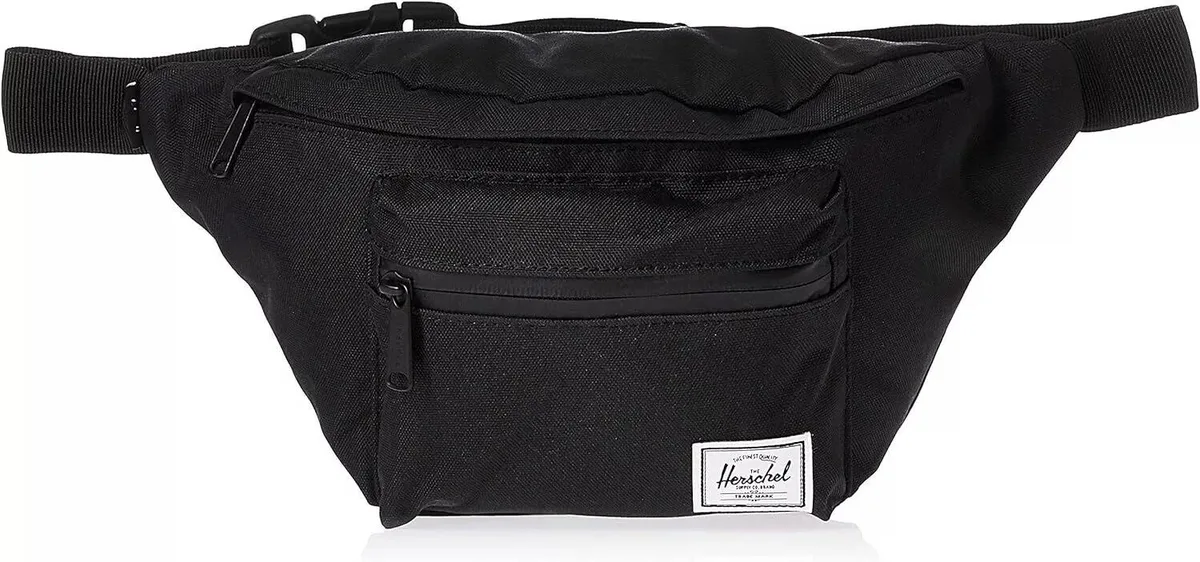 Black waterproof waist pack with front zip pocket and adjustable strap