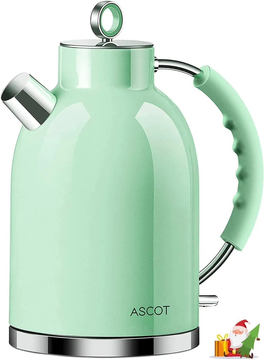 Green stainless steel electric kettle, 1.5 litre capacity, retro design, cordless base