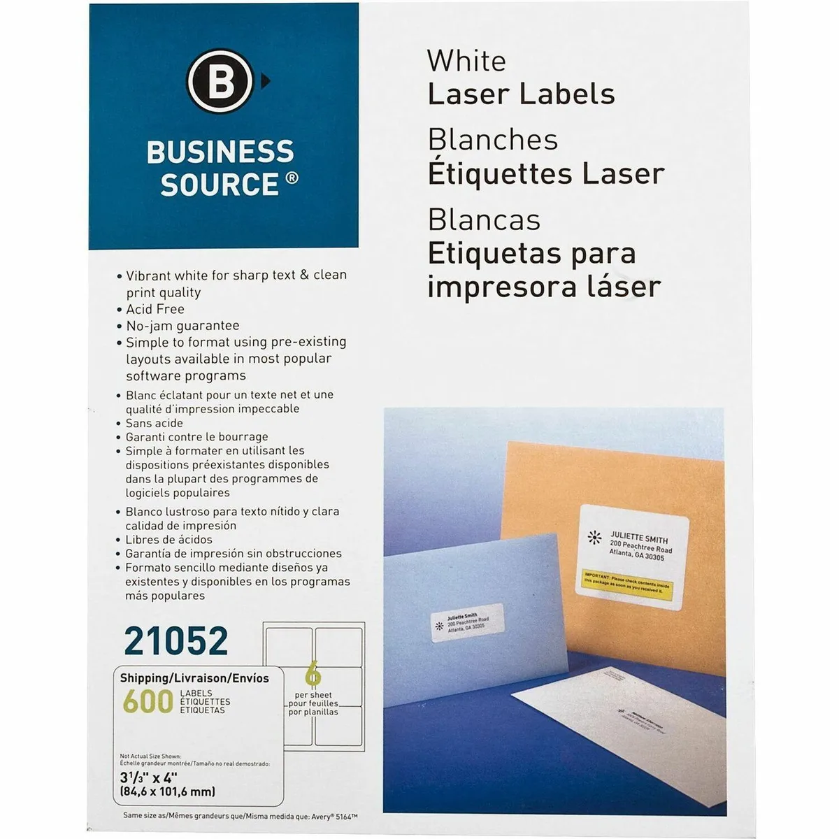 Business Source Business Source 21052 Mailing Label Laser 3-1/3"x4" White 600/PK — product photo