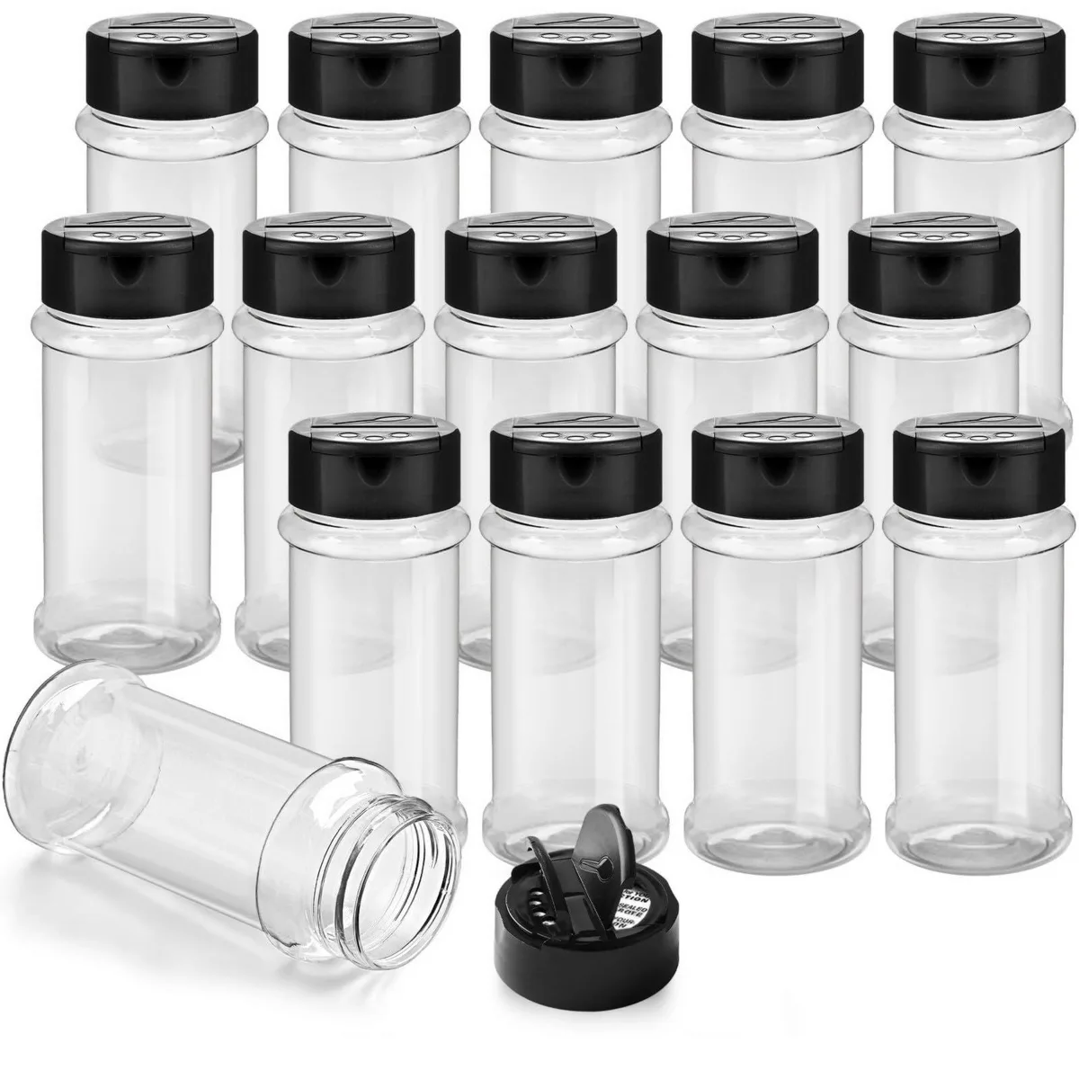 Set of 24 clear 3 oz plastic spice jars with red dual-flip lids
