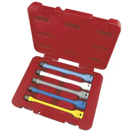 Five colour-coded half-inch drive torque extension bars in a case