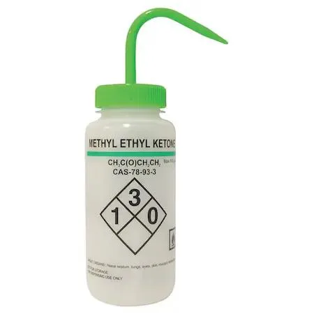 Six translucent LDPE wash bottles with green caps standing together