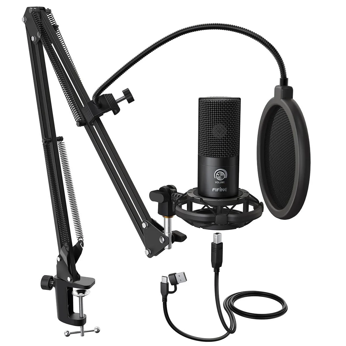 FIFINE T669 Black USB Condenser Microphone Kit with Boom Arm — product photo