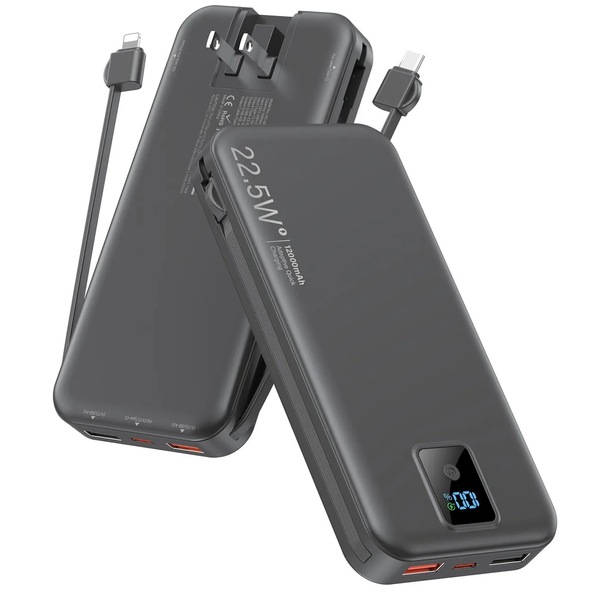  Rngsnoy AC-02F 12000mAh 22.5W power bank built-in cable wall plug black — product photo