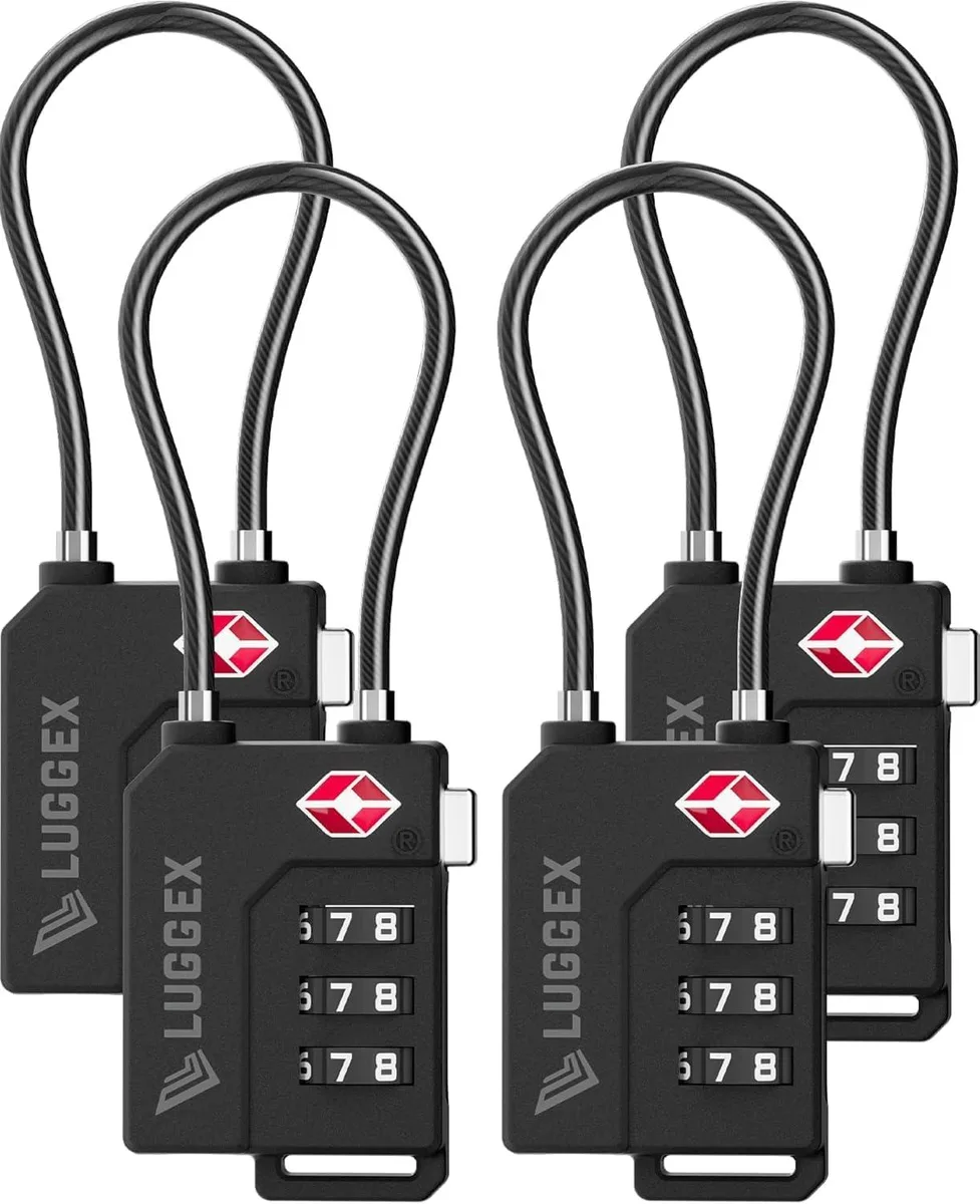 Four black TSA cable locks with braided steel cables and ABS bodies in gift box
