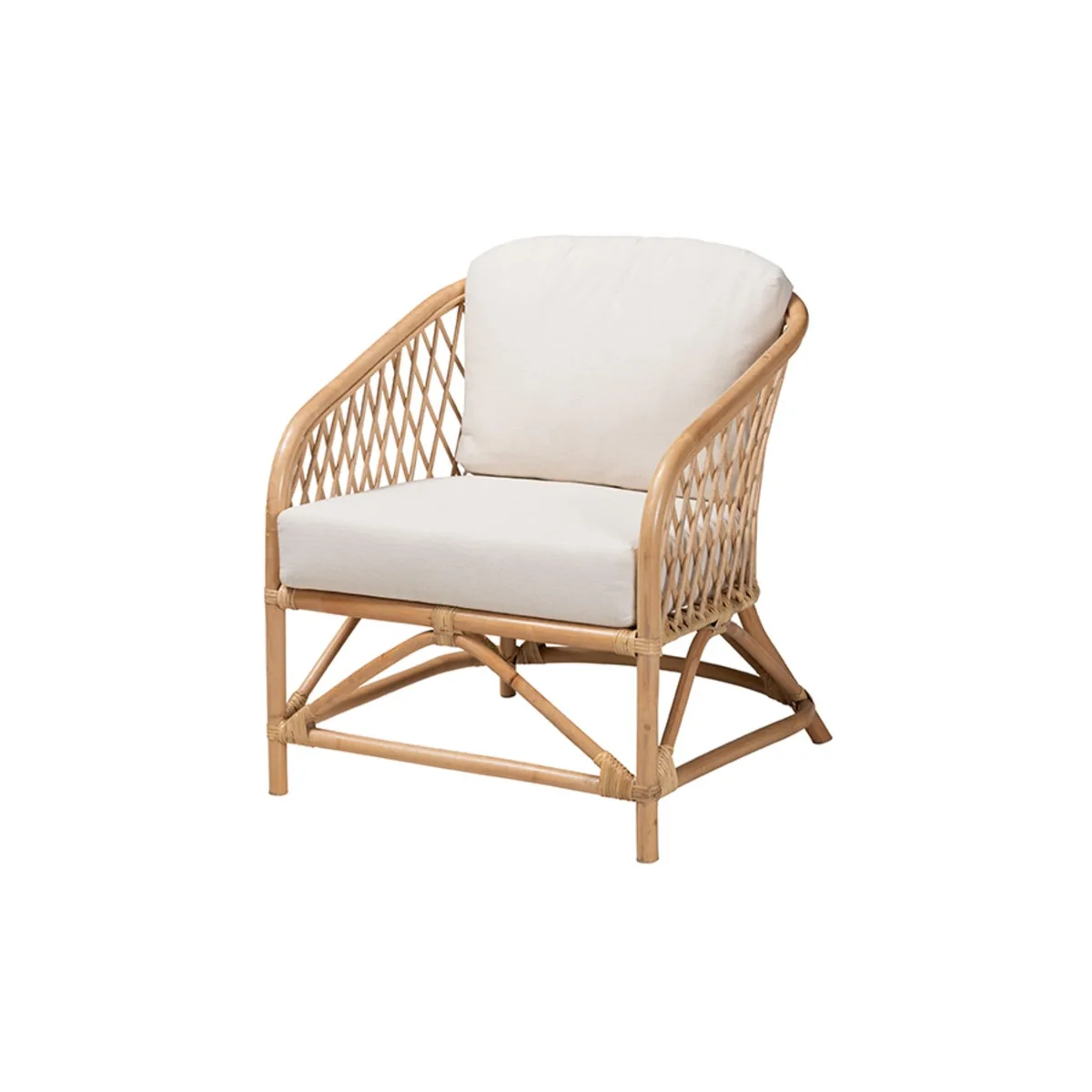 Baxton Studio Baxton Studio Patsy Bohemian White Fabric Natural Brown Rattan Armchair — product photo